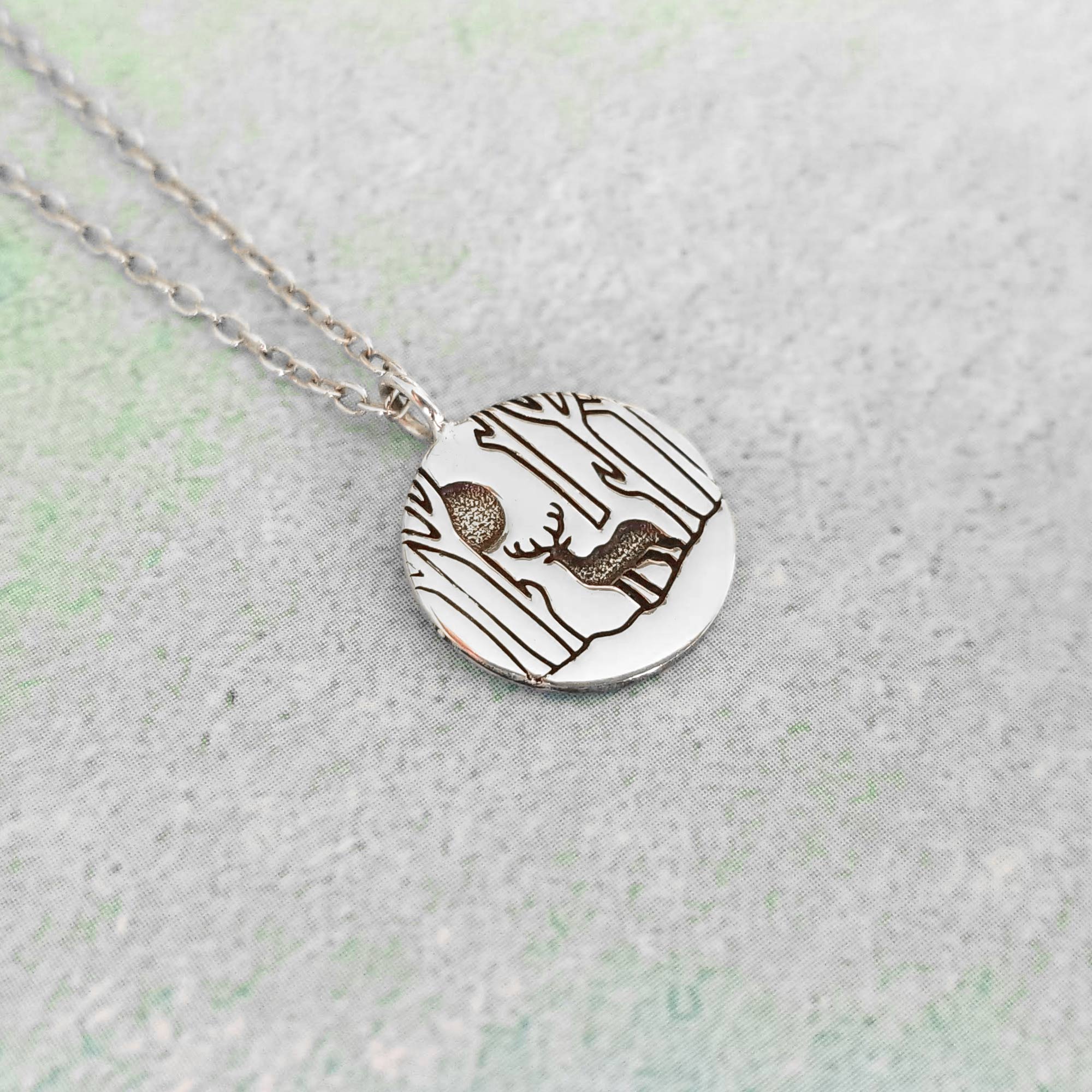 Deer In Forest Charm and Chain - Sterling Silver